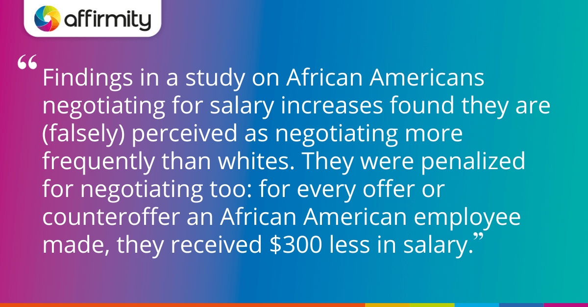 Findings in a study on African Americans negotiating for salary increases found they are (falsely) perceived as negotiating more frequently than whites. They were penalized for negotiating too: for every offer or counteroffer an African American employee made, they received $300 less in salary.