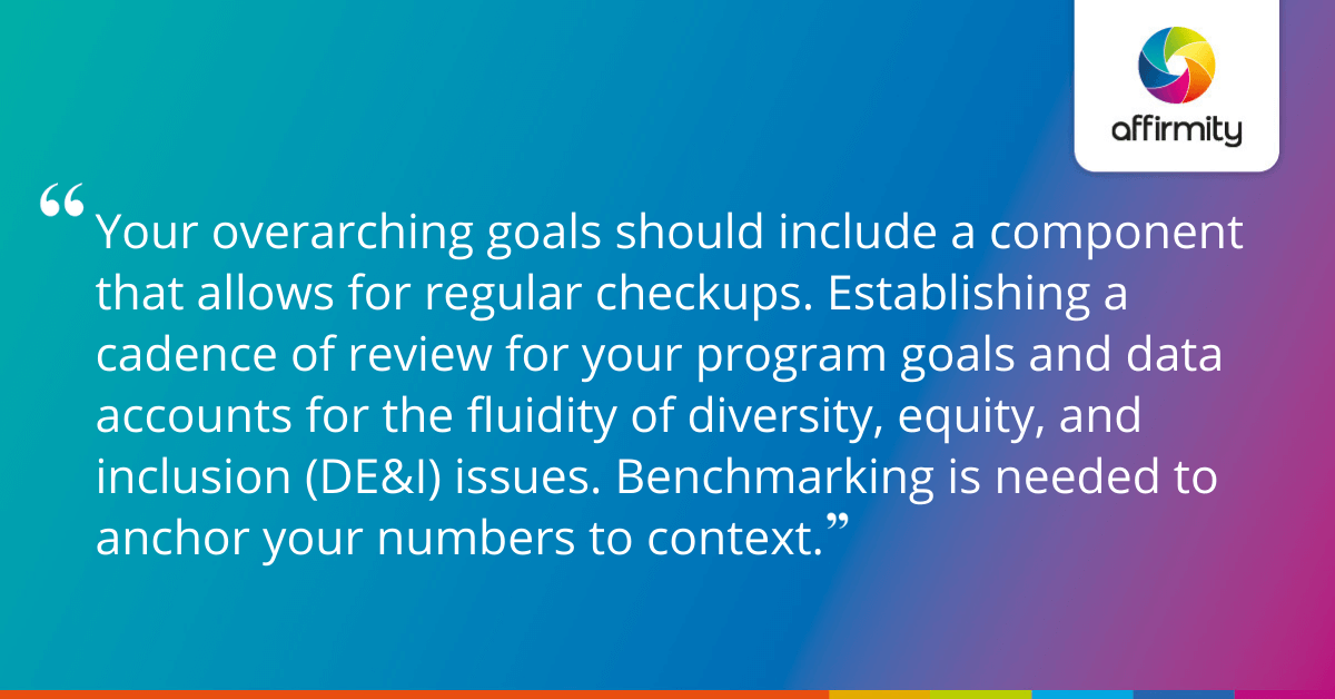 Your overarching goals should include a component that allows for regular checkups. Establishing a cadence of review for your program goals and data accounts for the fluidity of diversity, equity, and inclusion (DE&I) issues. Benchmarking is needed to anchor your numbers to context.