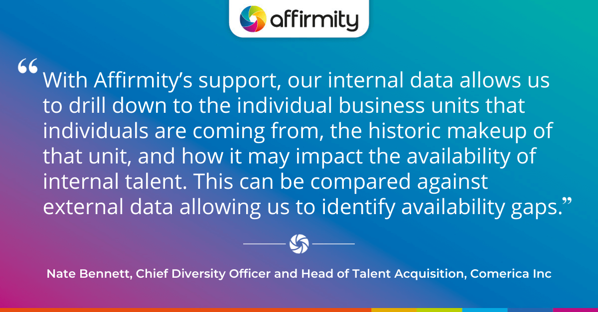 With Affirmity’s support, our internal data allows us to drill down to the individual business units that individuals are coming from, the historic makeup of that unit, and how it may impact the availability of internal talent. This can be compared against external data allowing us to identify availability gaps.