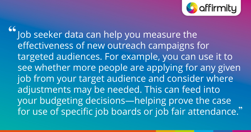 "Job seeker data can help you measure the effectiveness of new outreach campaigns for targeted audiences. For example, you can use it to see whether more people are applying for any given job from your target audience and consider where adjustments may be needed. This can feed into your budgeting decisions—helping prove the case for use of specific job boards or job fair attendance."