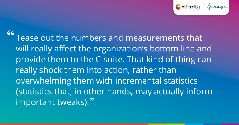 "Tease out the numbers and measurements that will really affect the organization’s bottom line and provide them to the C-suite. That kind of thing can really shock them into action, rather than overwhelming them with incremental statistics (statistics that, in other hands, may actually inform important tweaks)."