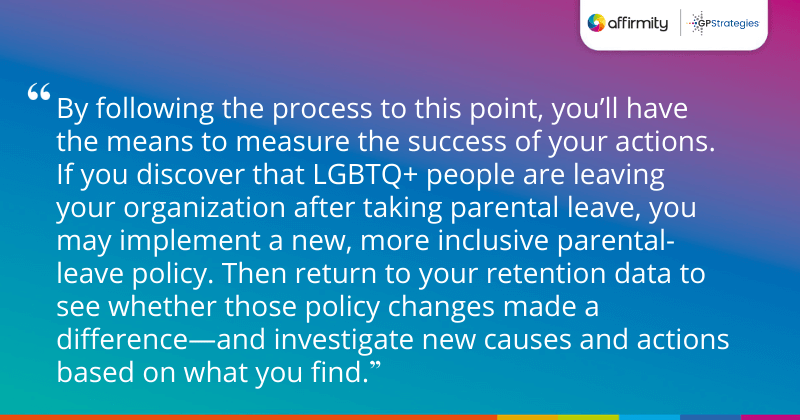 "By following the process to this point, you’ll have the means to measure the success of your actions. If you discover that LGBTQ+ people are leaving your organization after taking parental leave, you may implement a new, more inclusive parental-leave policy. Then return to your retention data to see whether those policy changes made a difference—and investigate new causes and actions based on what you find."