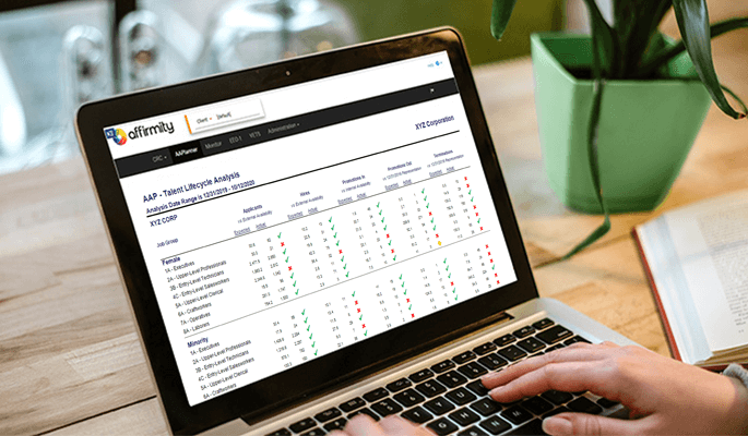 A user views the Affirmity talent lifecycle analysis on a laptop