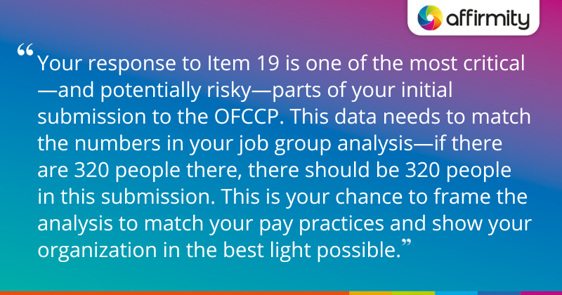 "Your response to Item 19 is one of the most critical—and potentially risky—parts of your initial submission to the OFCCP. This data needs to match the numbers in your job group analysis—if there are 320 people there, there should be 320 people in this submission. This is your chance to frame the analysis to match your pay practices and show your organization in the best light possible."