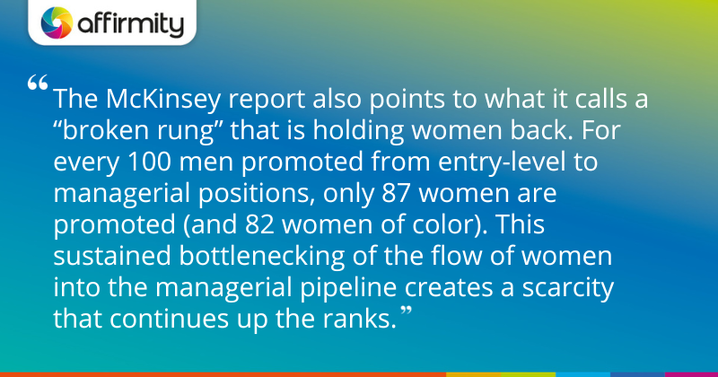 The McKinsey report also points to what it calls a “broken rung” that is holding women back. For every 100 men promoted from entry-level to managerial positions, only 87 women are promoted (and 82 women of color). This sustained bottlenecking of the flow of women into the managerial pipeline creates a scarcity that continues up the ranks.