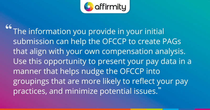 "The information you provide in your initial submission can help the OFCCP to create PAGs that align with your own compensation analysis. Use this opportunity to present your pay data in a manner that helps nudge the OFCCP into groupings that are more likely to reflect your pay practices, and minimize potential issues."