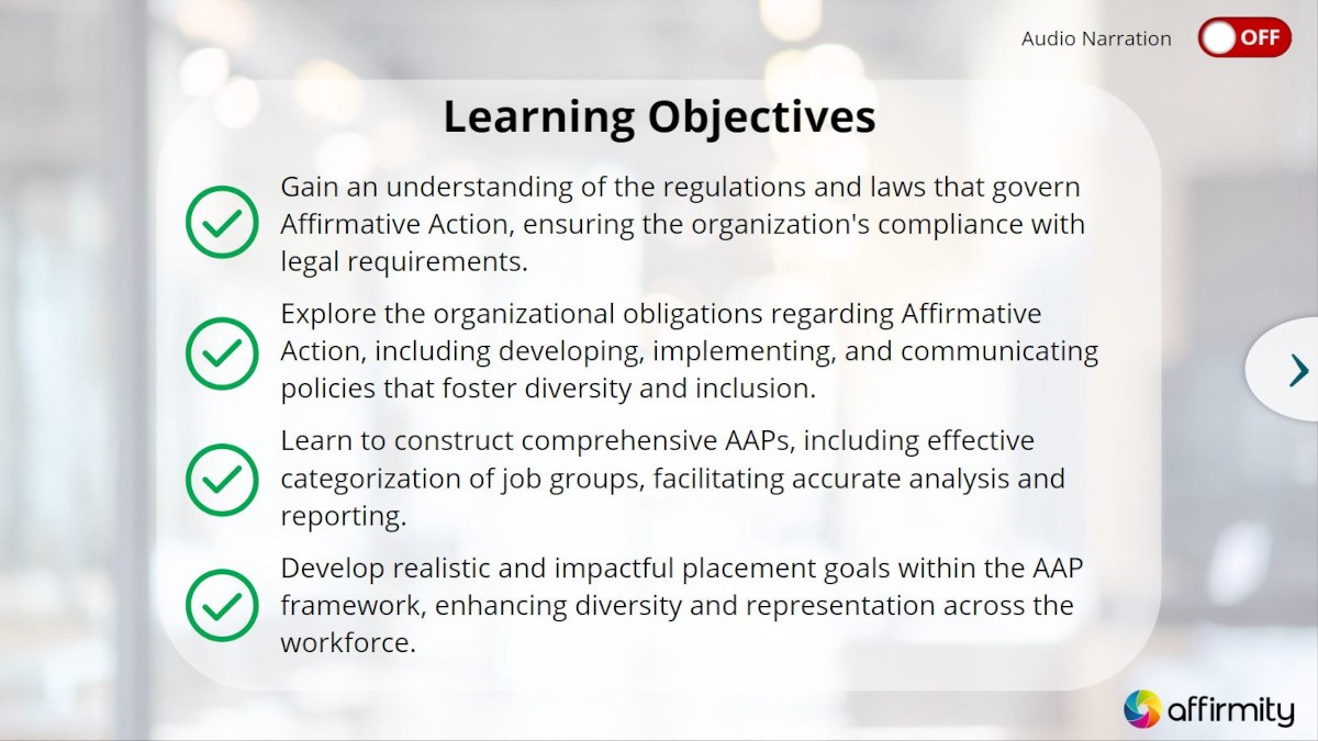 Example of a learning objectives summary in the Affirmity "Affirmative Action Compliance" course series