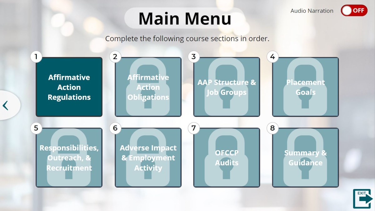 Example of the course main menu with a list of topics and progression yet to be unlocked in the Affirmity "Affirmative Action Compliance" course series