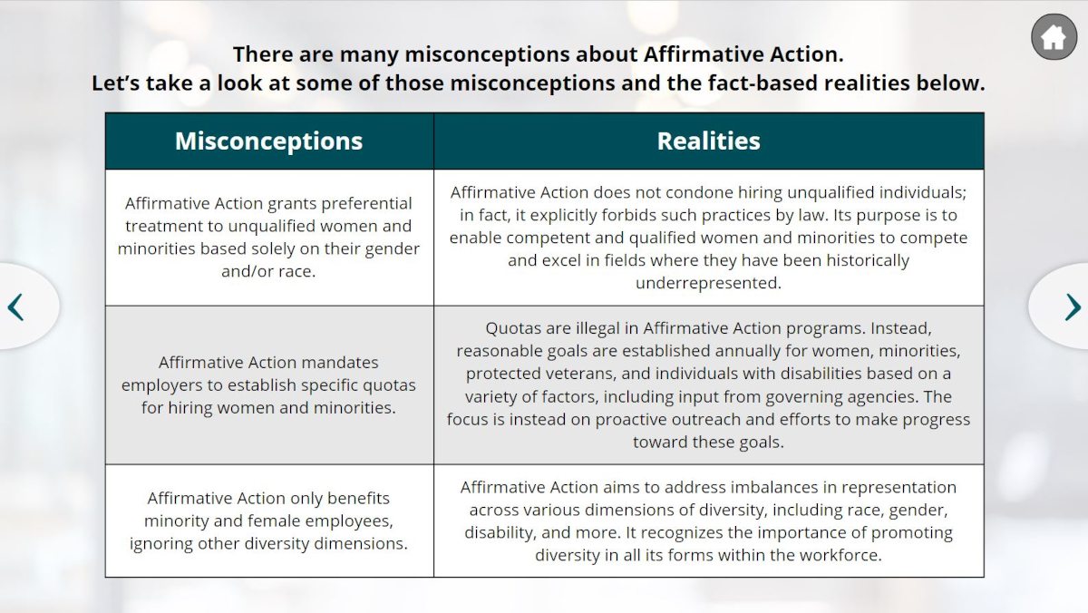 Example of a table of information about affirmative action misconception in the Affirmity "Affirmative Action Compliance" course series