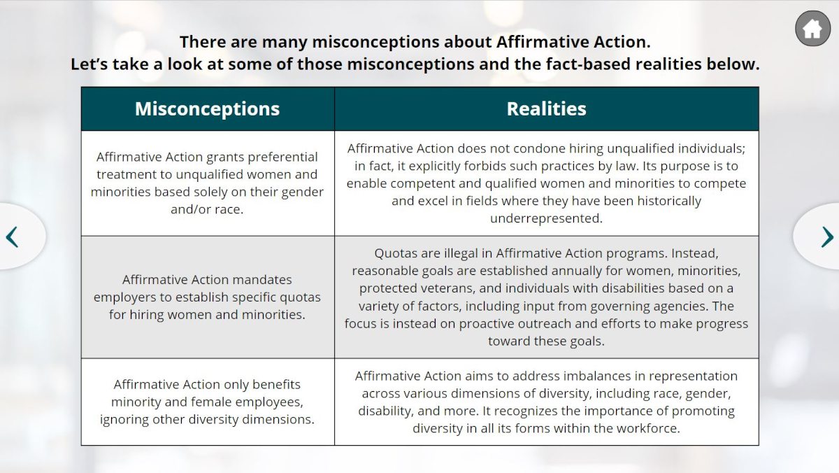 Example of a table of information about affirmative action misconception in the Affirmity "Affirmative Action Compliance" course series