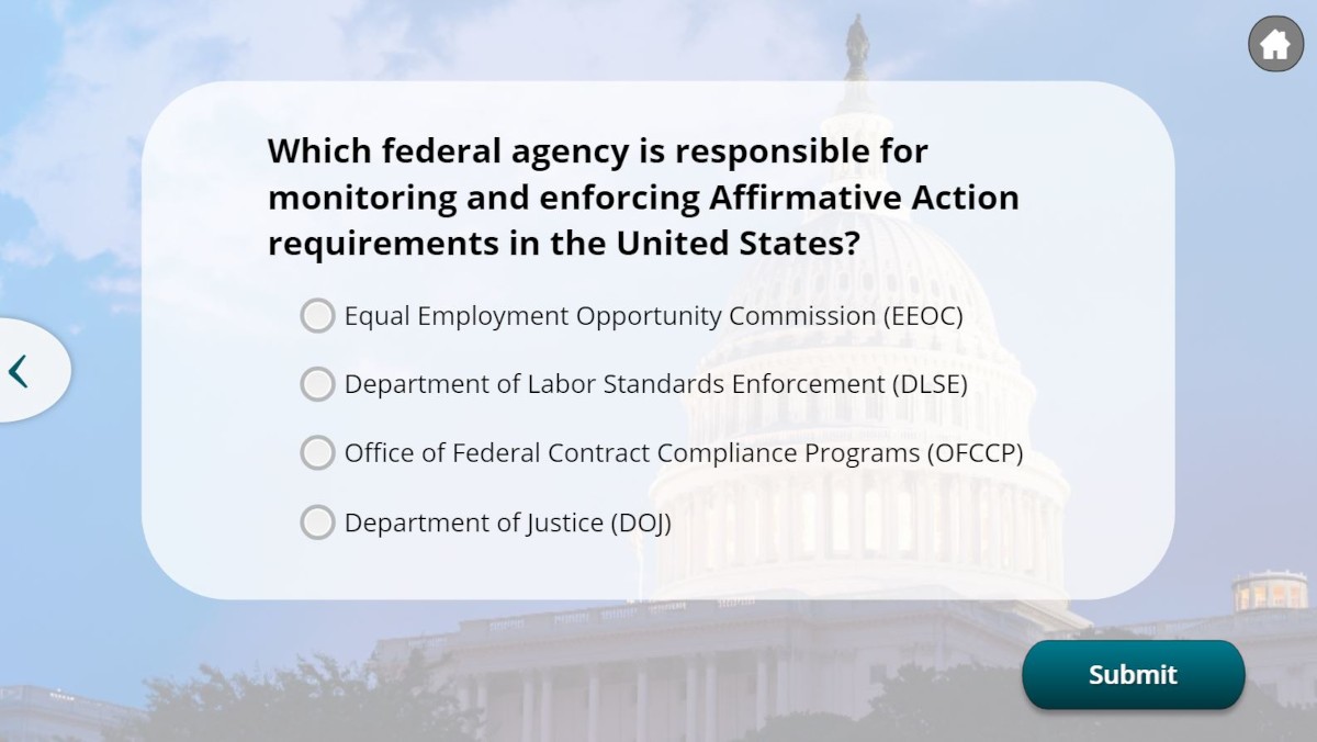 Example of a multiple choice knowledge test question in the Affirmity "Affirmative Action Compliance" course series