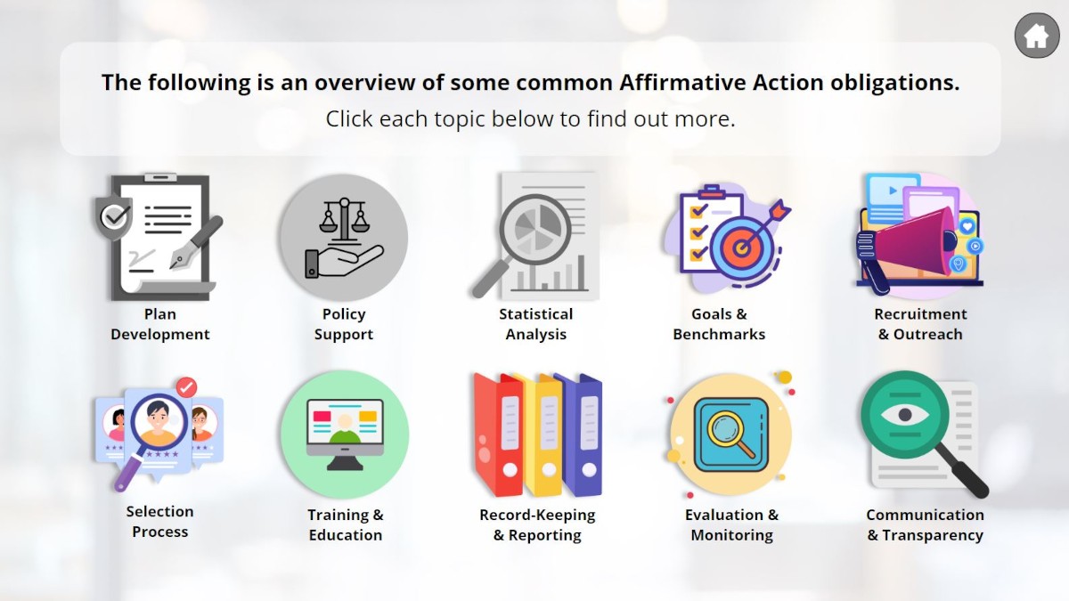 Example of an interactive "click to learn more" screen about affirmative action obligations in the Affirmity "Affirmative Action Compliance" course series