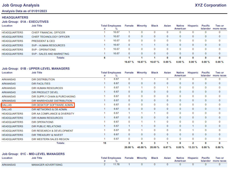 An example of a job group analysis listing individuals reporting into headquarters from different locations.