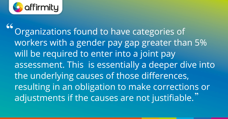 "Organizations found to have categories of workers with a gender pay gap greater than 5% will be required to enter into a joint pay assessment. This is essentially a deeper dive into the underlying causes of those differences, resulting in an obligation to make corrections or adjustments if the causes are not justifiable."