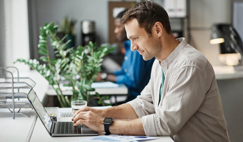 Photograph showing an employee using the talent decisions software module while seated at their laptop
